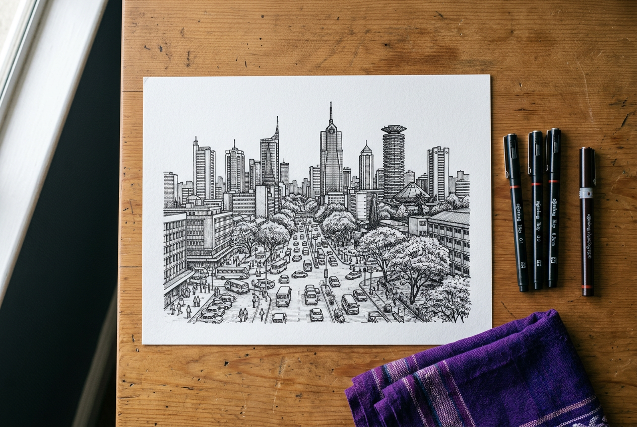 Nairobi Skyline in Ink, drawings by Naserian Lekishon