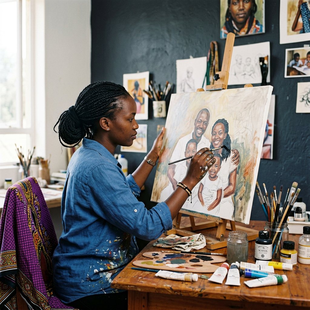 Family portrait in oil, commissions by Amani Mwangi