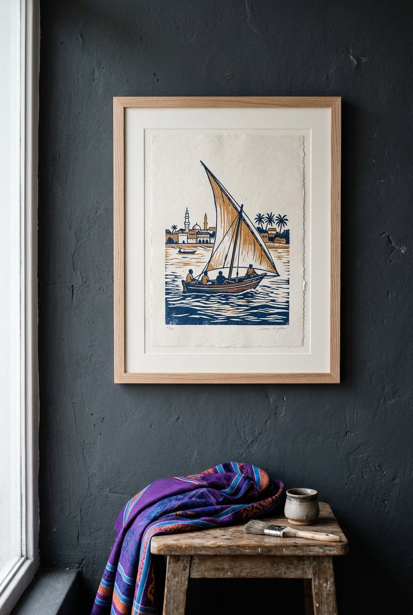 Dhow off Shela, prints by Fatma Swaleh